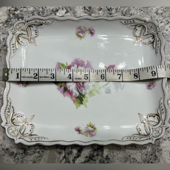 Vintage Victorian Porcelain Vanity Tray Pink & White Floral & Gold Trimmed Edge - Picture 3 of 8